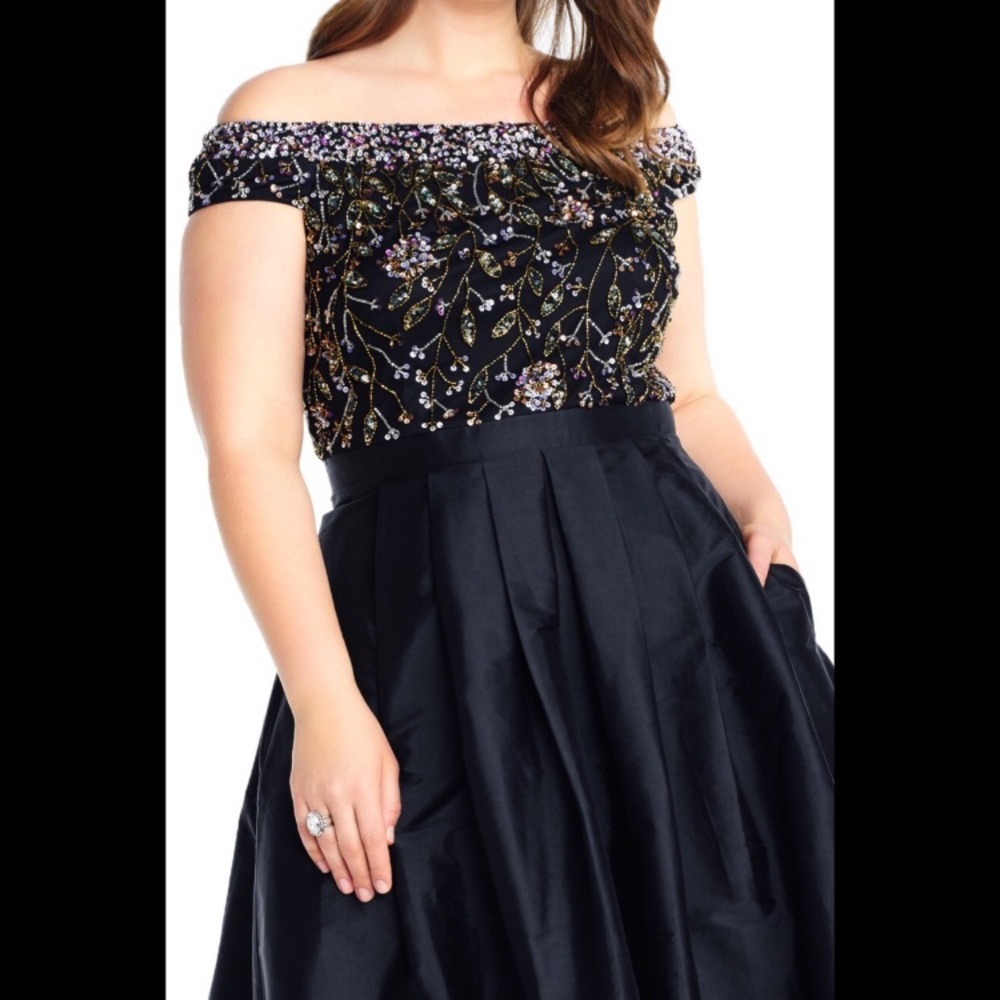 Adrianna papell off the shoulder Hi Low Gown with sequin floral beaded bodice - Picture 2 of 12